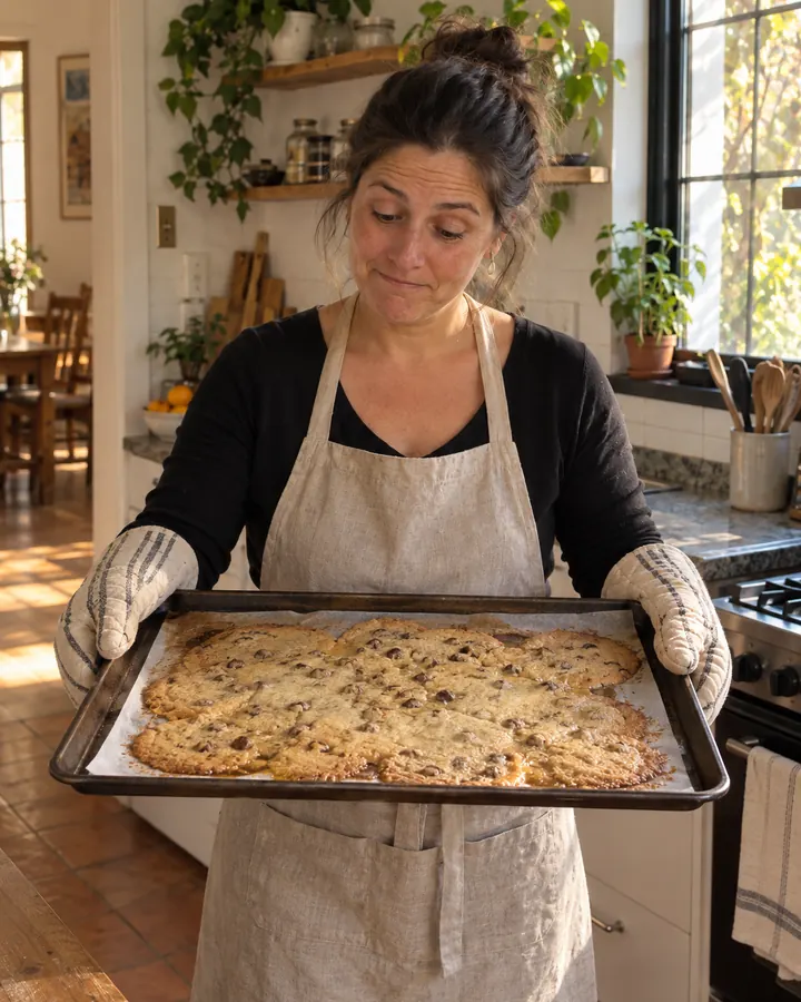 Una mujer en su cocina mira una placa de cookies que se desparramaron y quedaron chatas
